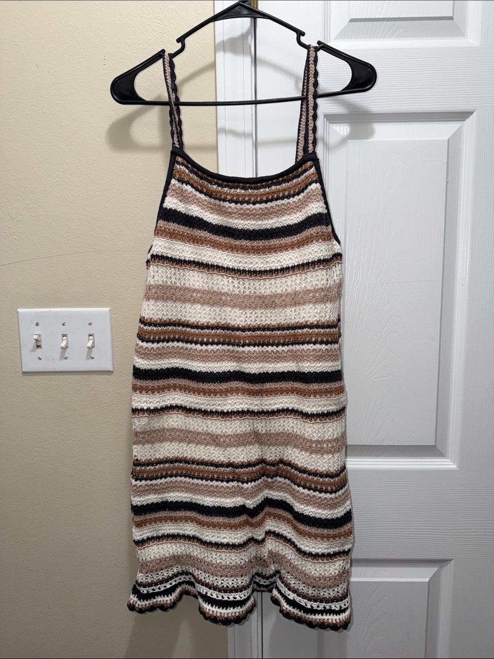 American Eagle Outfitters Striped Crochet Mini Dress in Cream, Tan & Black